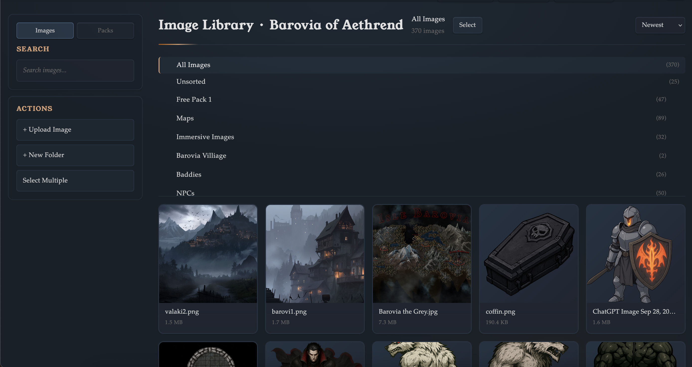 Shared image library with folders and asset cards.