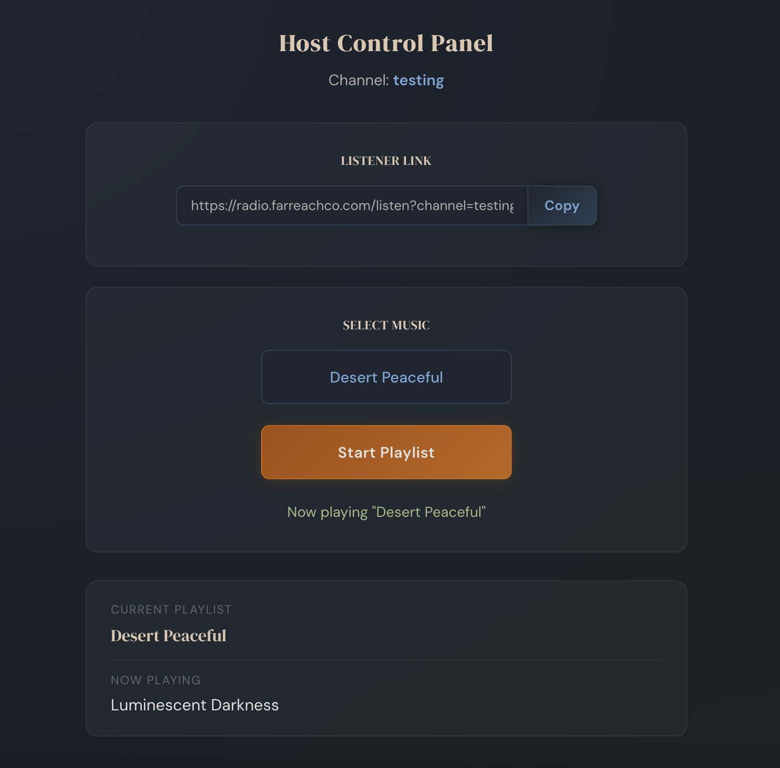 Far Reach Radio host panel with current track, playlist controls, and listener link.