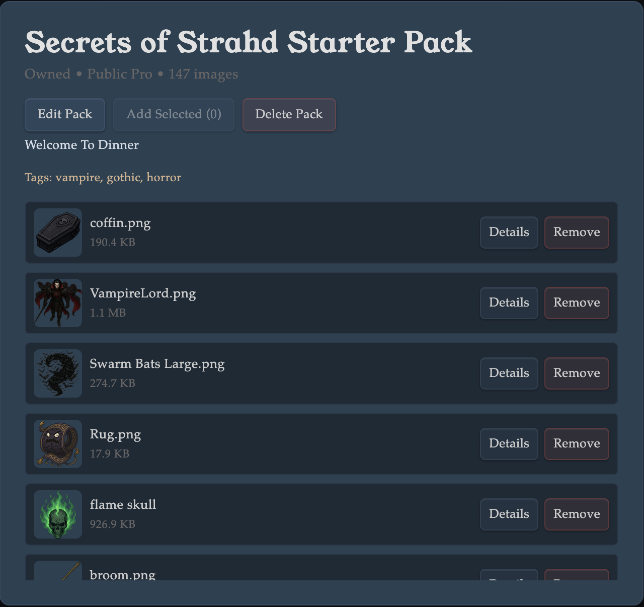 Library pack management panel with metadata and image list.