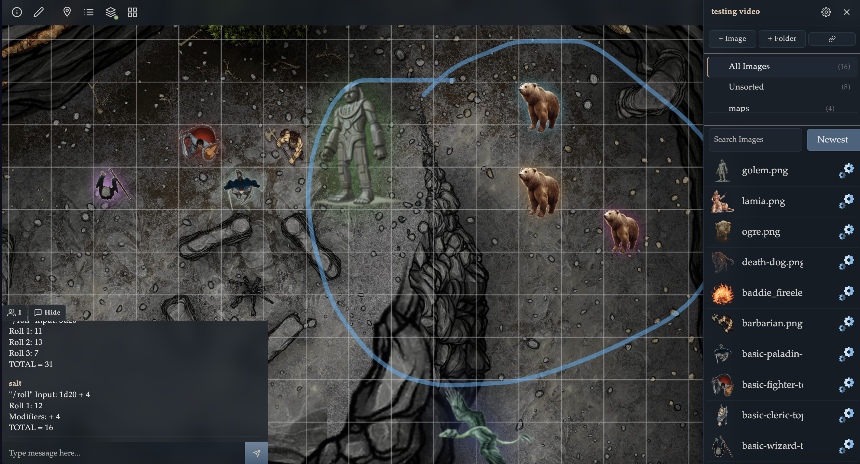 Virtual tabletop session showing map grid, tokens, drawing annotation, and sidebar image library.