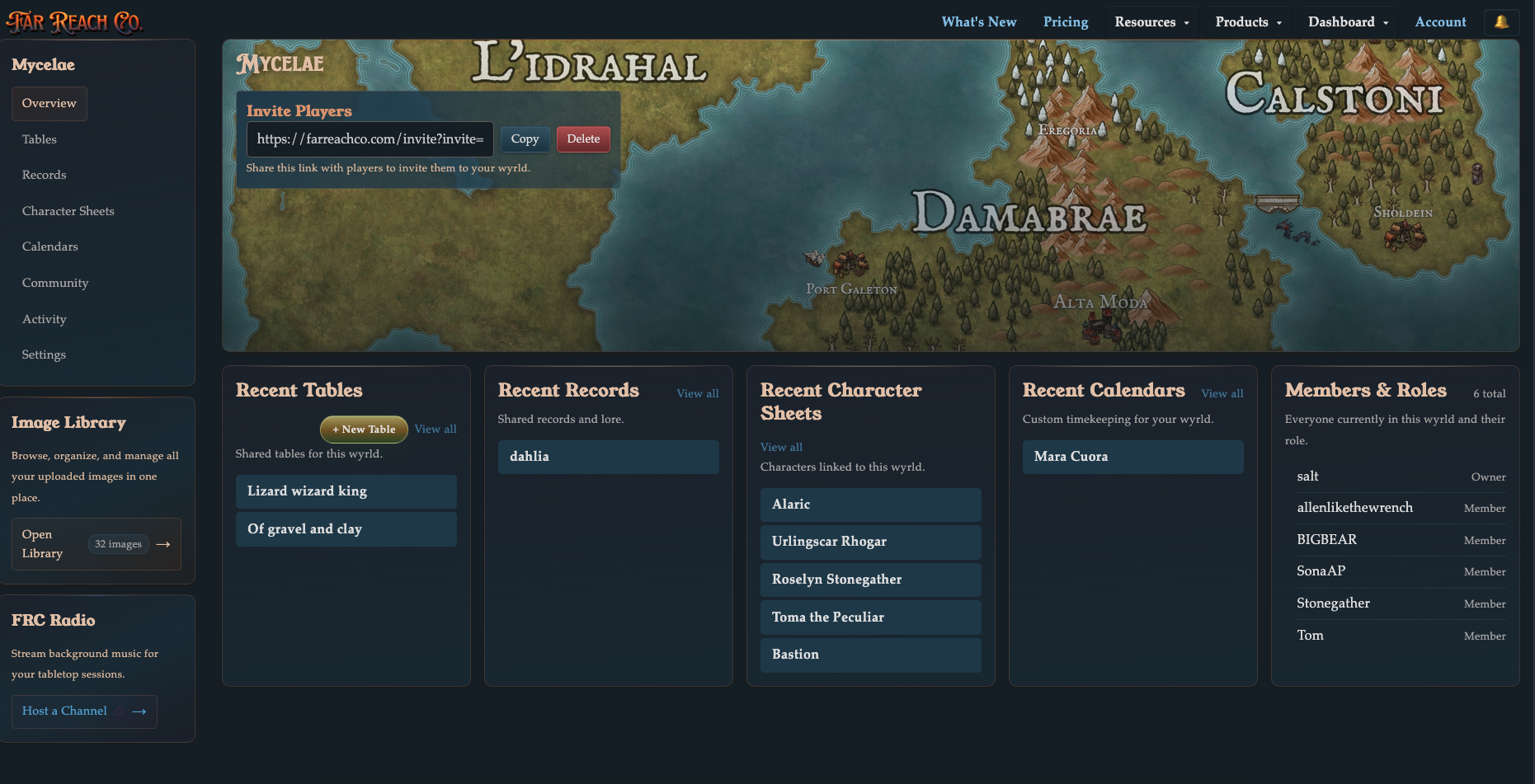 Wyrld dashboard overview showing recent tables, records, sheets, calendars, community, and activity.